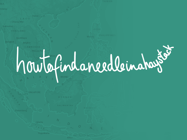 how to find a needle in a haystack logo on a teal background with a faded map of southeast asia